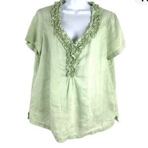 Talbots Top Linen Ruffle Short Sleeve Green Solid Women's Size 6 Petite